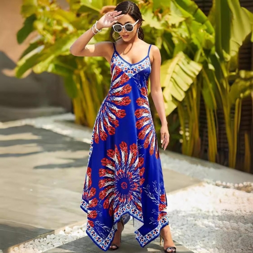 Women's Bohemian V-Neck Spaghetti Strap Floral Print Dress Asymmetric Handkerchief Hem Summer Vacation Polyester Maxi Long Dress