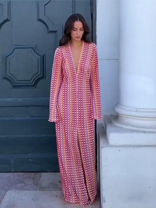 Women's Boho Crochet Knit Maxi Dress Deep V-Neck Colorblock Long Sleeve Beach Vacation Floor-Length Sexy Geometric Pattern Bohemian Dress