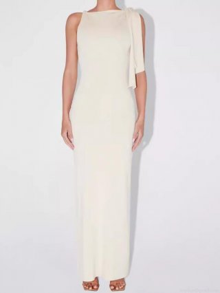 Sexy Single Shoulder Maxi Dress For Women Elegant Sleeveless Slim Fit Polyester Evening Party Gown With Bowknot Detail Summer Streetwear