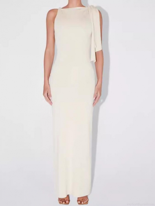 Sexy Single Shoulder Maxi Dress For Women Elegant Sleeveless Slim Fit Polyester Evening Party Gown With Bowknot Detail Summer Streetwear
