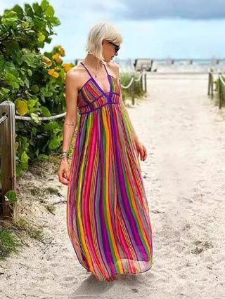 Women's Rainbow Stripe V-Neck Halter Maxi Dress Bohemian Summer Beach Vacation Sleeveless A-Line Long Polyester Dress