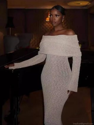 Women's Elegant Off The Shoulder Knitted Maxi Dress Long Sleeve Bodycon Solid Color Long Dress For Vacation Party Casual Chic