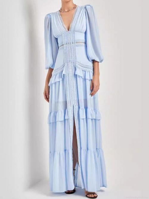 Elegant V-Neck Lace Patchwork Tiered Maxi Dress Chiffon Lantern Long Sleeve High Waist A-Line Long Skirt For Women Wedding Party Evening Formal Gown Dress