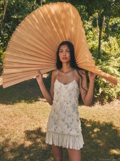 Women Elegant 3D Flower Spaghetti Strap V-Neck Lace Patchwork Flowing A-Line Dress White Maxi Short Party Vacation Chic Sleeveless Gown