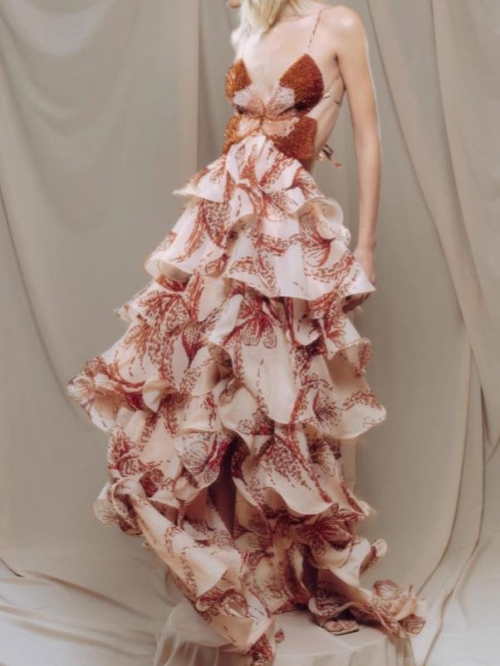 Women Butterfly Sequin Bead Embroidery Maxi Dress Multi Layer Ruffle Tiered Skirt Spaghetti Strap V Neck Backless Chiffon Floral Print Bohemian Party Vacation Long Dress