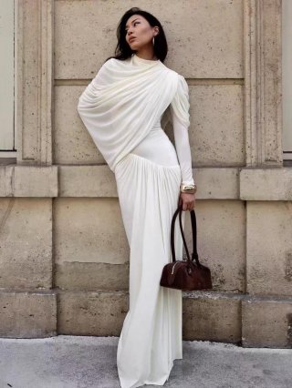 Women's Elegant Maxi Dress Long Sleeve Mock Neck Ruched Draped Evening Gown Formal Party Slim Fit Polyester Solid Color Floor Length Dress