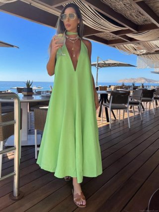 Women Halter Deep V-Neck Maxi Dress Summer Vacation Beach Backless Loose A-Line Long Sundress Sleeveless Solid Color Polyester Blend Elegant Party Vestidos