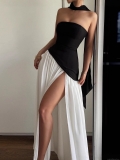 Women's Sexy Strapless Maxi Dress Elegant Color Block High Slit Evening Gown With Matching Neck Scarf Formal Party Banquet Sleeveless Long Dress