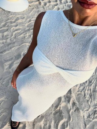 Women's Sexy Twist Front Sleeveless Maxi Dress Elegant Knit Hollow Out Bodycon Long Sundress For Summer Beach Vacation Party Casual Pink White