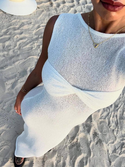 Women's Sexy Twist Front Sleeveless Maxi Dress Elegant Knit Hollow Out Bodycon Long Sundress For Summer Beach Vacation Party Casual Pink White
