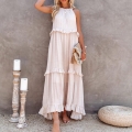 Women's Bohemia Halter Neck Maxi Dress Tiered Ruffle Sleeveless Cake Dress Solid Color Pleated Long Sundress for Summer Beach Vacation Party