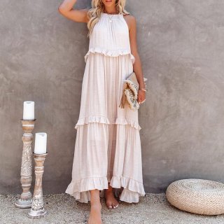 Women's Bohemia Halter Neck Maxi Dress Tiered Ruffle Sleeveless Cake Dress Solid Color Pleated Long Sundress for Summer Beach Vacation Party
