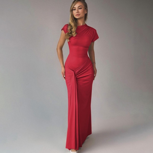 Women Elegant Slim Fit Pleated Maxi Dress Short Sleeve Round Neck Gathered Tie-Back Evening Party Bodycon Dress