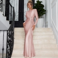 Elegant Long Sleeve Maxi Dress Satin Twist Front Evening Gown For Women Wedding Party Slim Fit Bodycon Floor Length Dress