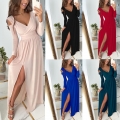 Women's Elegant V Neck Cold Shoulder Maxi Dress Long Sleeve High Slit Party Evening Gown Bodycon Polyester Long Dresses for Women