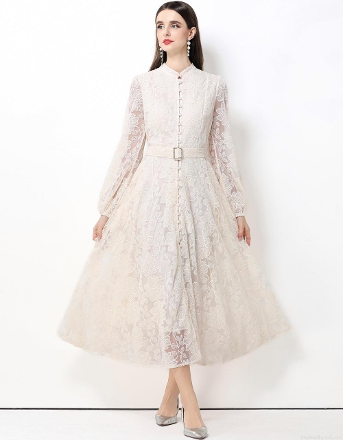 French Retro Floral Lace Embroidery Maxi Dress With Belt Women Stand Collar Lantern Sleeve Single Breasted High Waist Elegant A-Line Long Party Dress