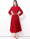 Women French Vintage Lace Embroidery Maxi Dress Stand Collar Lantern Sleeve Red Long Sleeve Evening Dress With Belt For Party Wedding Lady
