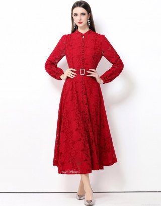 Women French Vintage Lace Embroidery Maxi Dress Stand Collar Lantern Sleeve Red Long Sleeve Evening Dress With Belt For Party Wedding Lady
