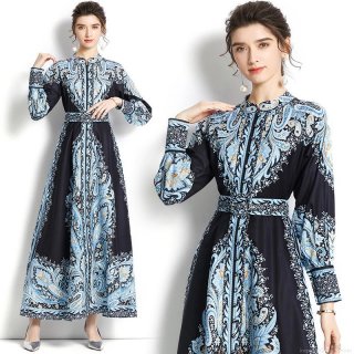 Elegant Vintage Paisley Print Long Sleeve Maxi Dress For Women Retro Stand Collar Slim Fit Belted A-Line Party Dress Polyester Autumn Winter Gown
