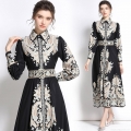 Women's Retro Ethnic Paisley Print Maxi Dress Polyester Long Sleeve Lapel Single Breasted Slim Fit High Waist Long Dress With Belt For Daily Dating Elegant Ladies Apparel