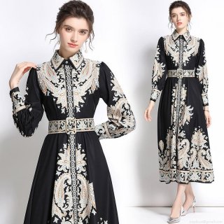 Women's Retro Ethnic Paisley Print Maxi Dress Polyester Long Sleeve Lapel Single Breasted Slim Fit High Waist Long Dress With Belt For Daily Dating Elegant Ladies Apparel