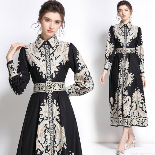 Women's Retro Ethnic Paisley Print Maxi Dress Polyester Long Sleeve Lapel Single Breasted Slim Fit High Waist Long Dress With Belt For Daily Dating Elegant Ladies Apparel