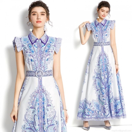 Women Sleeveless Paisley Print Maxi Dress Elegant Lapel Single Breasted A-Line Long Shirt Dress With Belt Summer Bohemian Vacation Party Vestidos