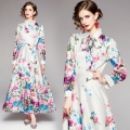 Elegant Floral Print Maxi Dress Women Long Sleeve Shirt Collar A-Line Belted Satin Feel Polyester Dress For Casual Commute Party