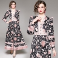 Women's Vintage V-Neck Floral Print Maxi Dress Long Sleeve Lantern Sleeve Single Breasted High Waist A-Line Polyester Dress For Commuting Dating Elegant Fall Long Dress