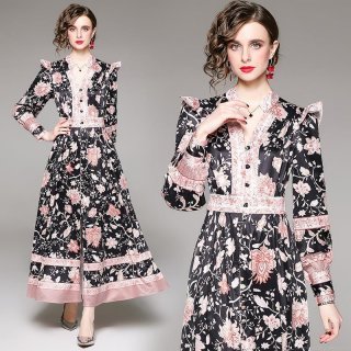 Women's Vintage V-Neck Floral Print Maxi Dress Long Sleeve Lantern Sleeve Single Breasted High Waist A-Line Polyester Dress For Commuting Dating Elegant Fall Long Dress