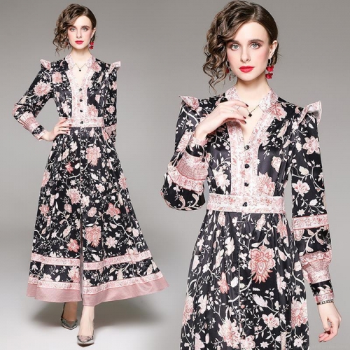 Women's Vintage V-Neck Floral Print Maxi Dress Long Sleeve Lantern Sleeve Single Breasted High Waist A-Line Polyester Dress For Commuting Dating Elegant Fall Long Dress