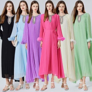 Elegant Women's Pleated Maxi Dress with Ostrich Feather Cuffs and Beaded Rhinestone Neckline Long Sleeve Chiffon Polyester Evening Gown for Party Wedding Formal Occasions