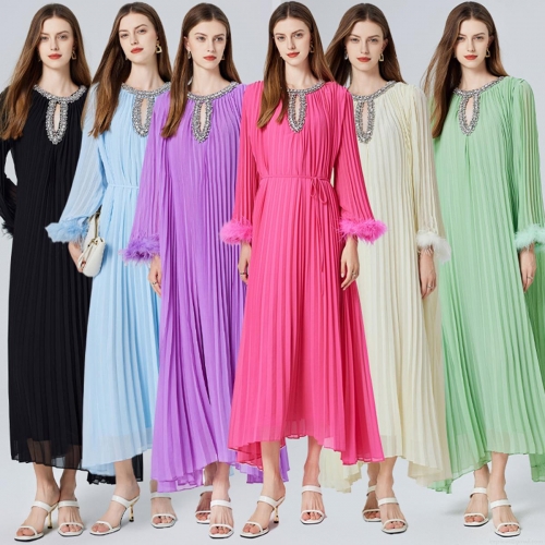 Elegant Women's Pleated Maxi Dress with Ostrich Feather Cuffs and Beaded Rhinestone Neckline Long Sleeve Chiffon Polyester Evening Gown for Party Wedding Formal Occasions
