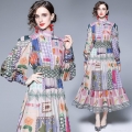 Women Retro Patchwork Print Maxi Dress Elegant Stand Collar Puff Sleeve Elastic Waist Long Dress For Holiday Beach Party Women Fashion Dresses