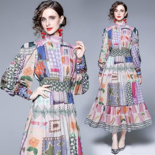 Women Retro Patchwork Print Maxi Dress Elegant Stand Collar Puff Sleeve Elastic Waist Long Dress For Holiday Beach Party Women Fashion Dresses