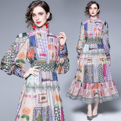 Women Retro Patchwork Print Maxi Dress Elegant Stand Collar Puff Sleeve Elastic Waist Long Dress For Holiday Beach Party Women Fashion Dresses