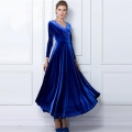 Women Elegant V-Neck Long Sleeve Velvet Maxi Dress Vintage High Waist Solid Color A-Line Evening Party Gown Velvet Formal Dress