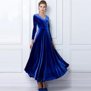 Women Elegant V-Neck Long Sleeve Velvet Maxi Dress Vintage High Waist Solid Color A-Line Evening Party Gown Velvet Formal Dress