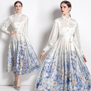 Women's Elegant Satin Floral Printed Maxi Dress Long Sleeve Vintage Stand Collar Single Breasted Waist Tie Gradient Party Dress