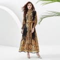 Women's Elegant Baroque Gold Print Maxi Dress Vintage Palace Style Stand Collar Lantern Sleeve Long Dress With Belt For Vacation Party Evening