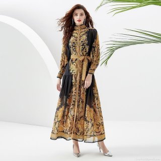 Women's Elegant Baroque Gold Print Maxi Dress Vintage Palace Style Stand Collar Lantern Sleeve Long Dress With Belt For Vacation Party Evening