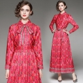 Women Elegant Red CH Monogram Print Long Sleeve Maxi Dress With Belt Slim Fit Polyester Shirt Collar A-Line Dress For Work Party Ladies