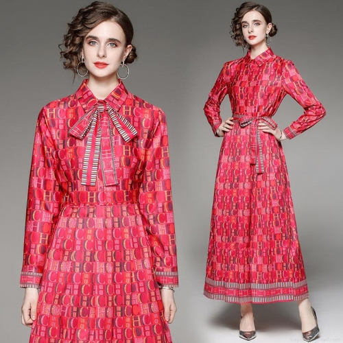 Women Elegant Red CH Monogram Print Long Sleeve Maxi Dress With Belt Slim Fit Polyester Shirt Collar A-Line Dress For Work Party Ladies