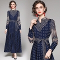 Women's Elegant Navy Blue Geometric Triangle Print Maxi Shirt Dress Long Sleeve Button Down A-Line Long Dress With Waist Tie For Office Daily Commuting