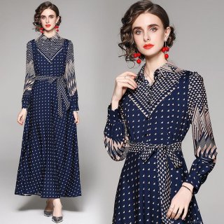 Women's Elegant Navy Blue Geometric Triangle Print Maxi Shirt Dress Long Sleeve Button Down A-Line Long Dress With Waist Tie For Office Daily Commuting
