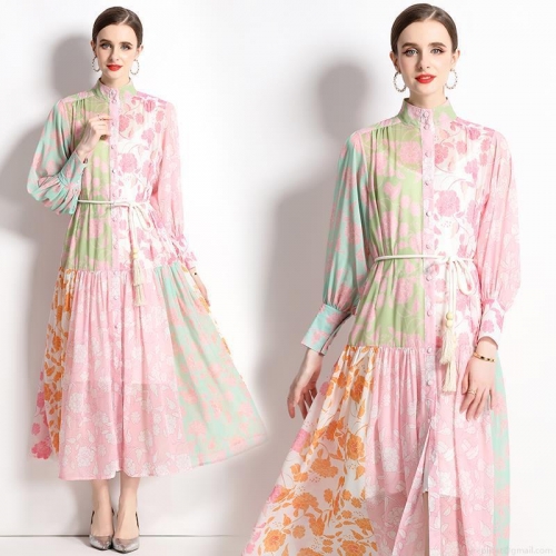 Vintage Ethnic Patchwork Floral Print Maxi Dress For Women Elegant Stand Collar Lantern Sleeve Chiffon Feel Dress With Tassel Belt For Vacation Party