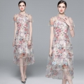 Women's Elegant Floral Print Mesh Dress Tiered Cake Skirt Short Sleeve High Waist Slim Fit Layered Lace Long Dress For Party Evening Wedding Guest