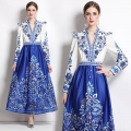 French Vintage Blue and White Porcelain Print Maxi Dress Elegant V-Neck Long Sleeve Button Down High Waist A-Line Large Swing Satin Dress for Women Party Evening