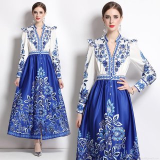 French Vintage Blue and White Porcelain Print Maxi Dress Elegant V-Neck Long Sleeve Button Down High Waist A-Line Large Swing Satin Dress for Women Party Evening