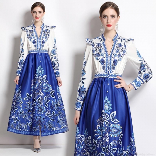 French Vintage Blue and White Porcelain Print Maxi Dress Elegant V-Neck Long Sleeve Button Down High Waist A-Line Large Swing Satin Dress for Women Party Evening